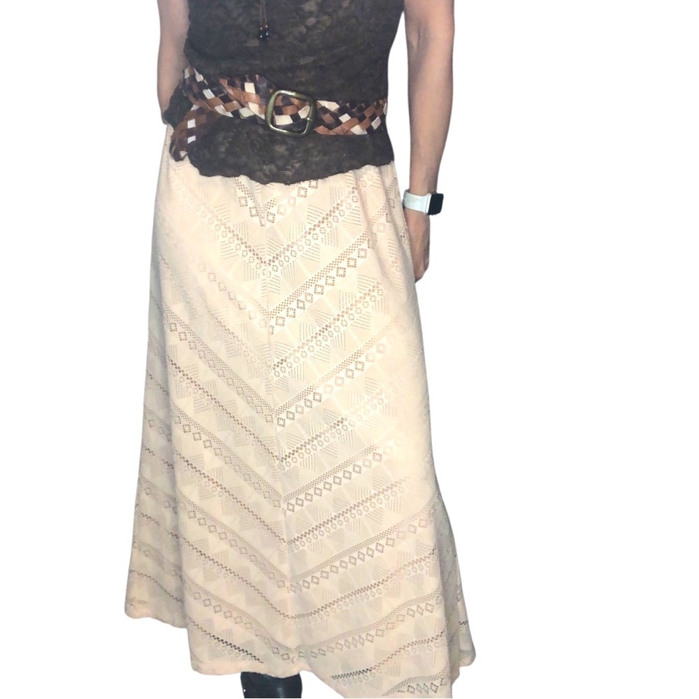 Vtg A Line Boho Skirt Sz L Crochet Lace Overlay Midi Casual Western Cottagecore